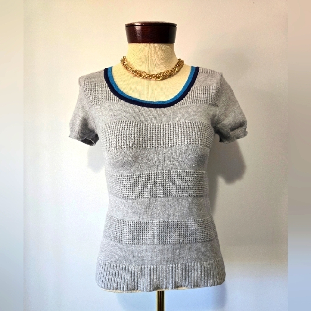 Bagatelle Gray Crew Neck Sweater with Textured Stripes , Navy And Blue Collar. S